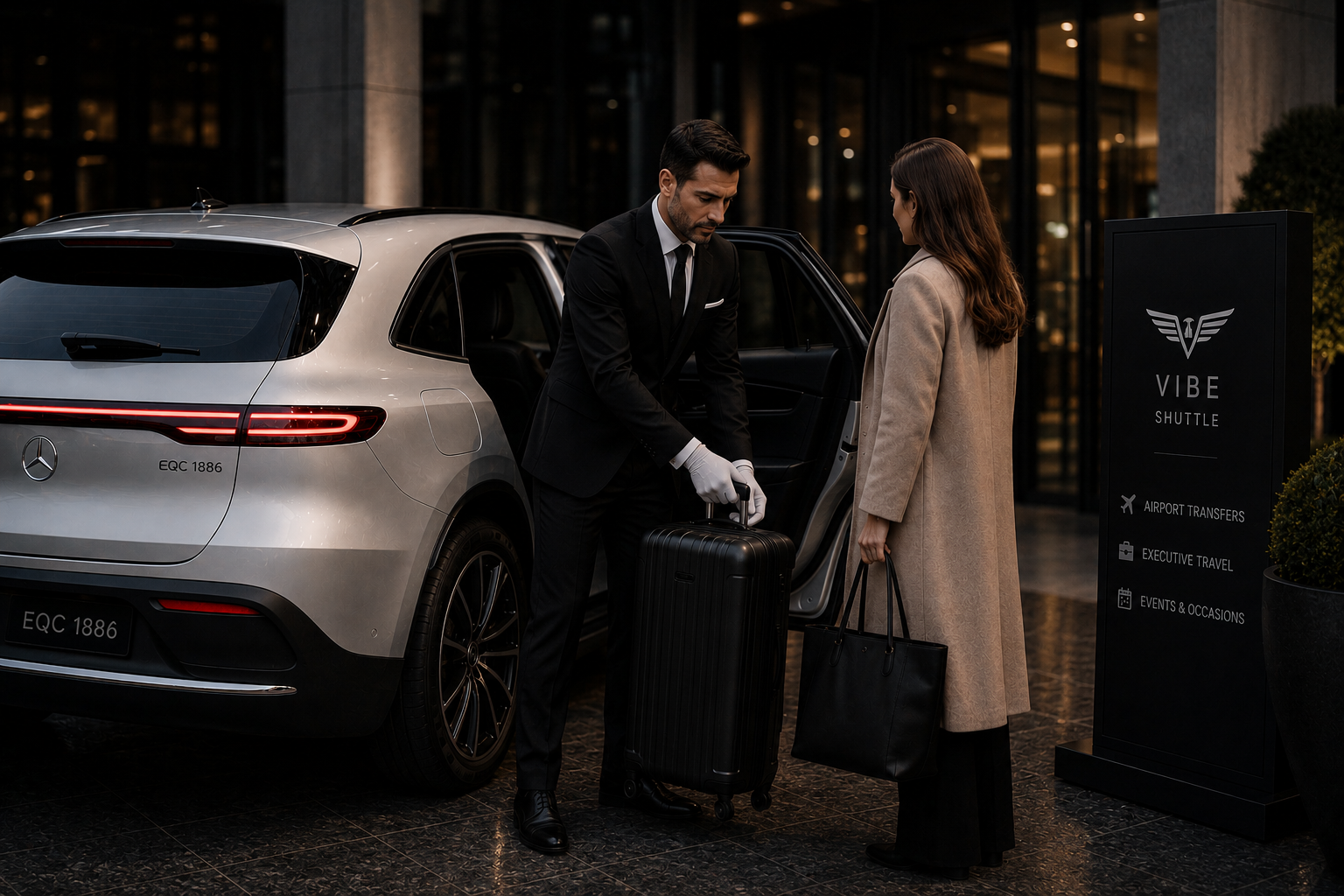Vibe chauffeur taking a suitcase for a passenger beside the car