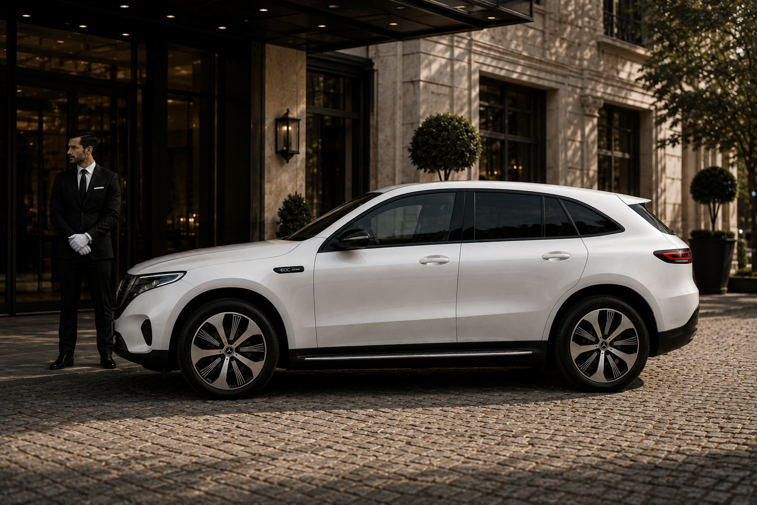 The white electric Vibe car at a hotel entrance with a chauffeur