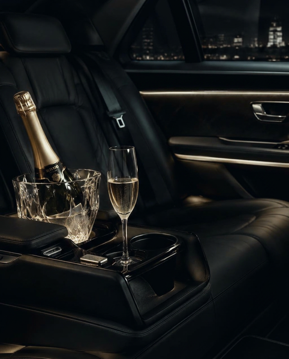 Champagne served in the leather rear cabin of a Vibe Premium Shuttle